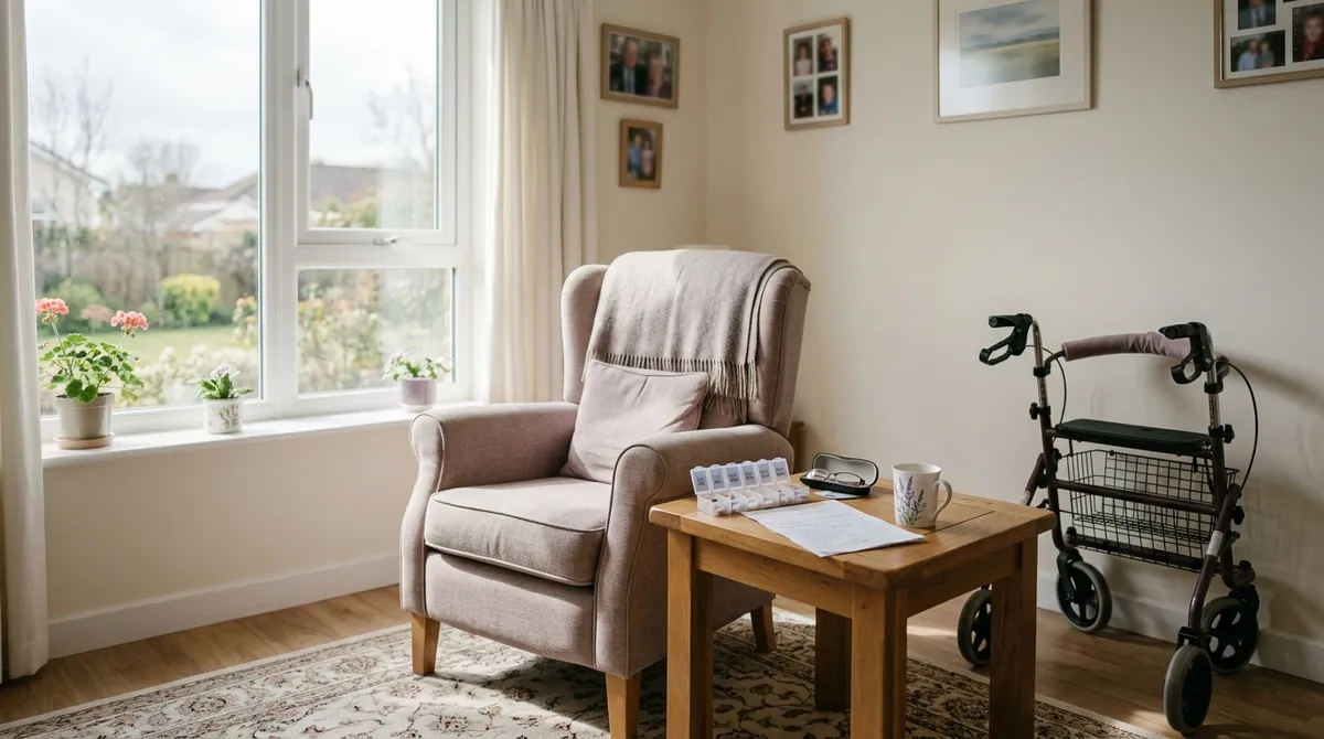 Intérieur lumineux d’un logement de personne âgée avec pilulier et ordonnance
